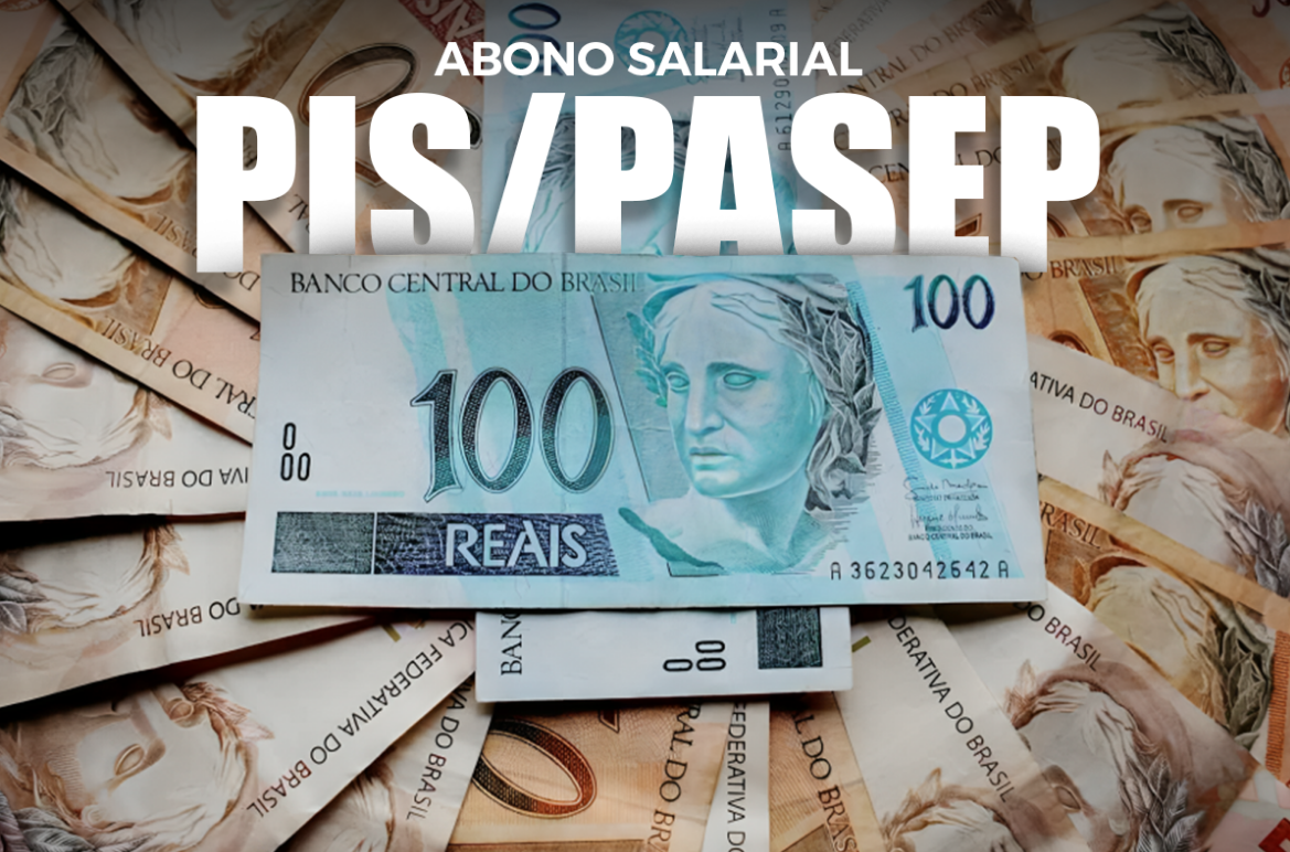 Notas de 100 reais do Banco Central do Brasil com texto sobre abono salarial PIS/Pasep para nascidos em novembro e dezembro.