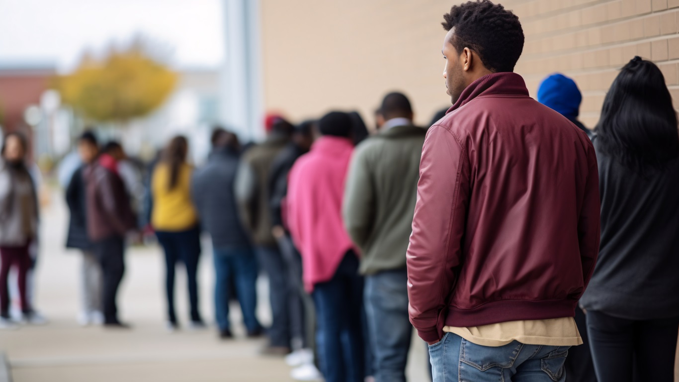 Pessoas na fila, aguardando atendimento do setor social