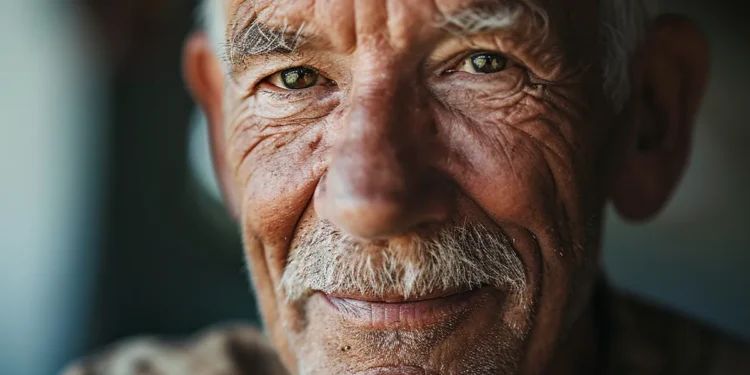 Idoso sorrindo em close-up, representando a realização de prova de vida online.