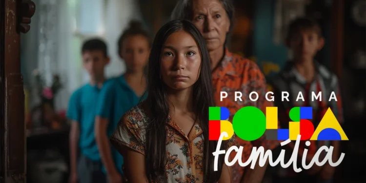 Um retrato de família com expressão séria, representando as mudanças no programa Bolsa Família, com crianças e idosas em foco.