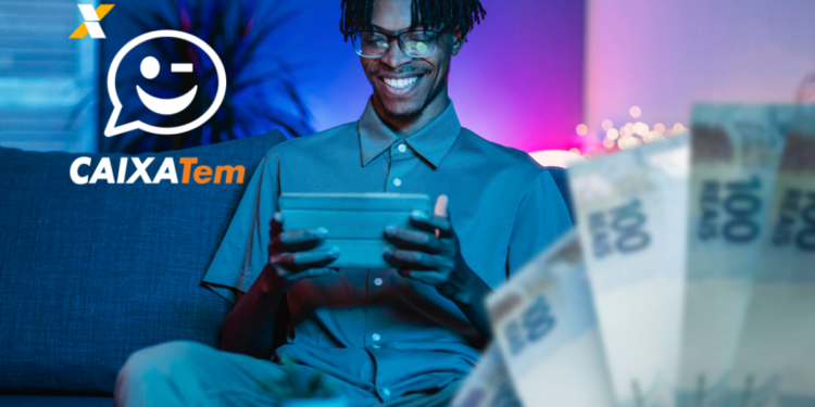 Pessoa utilizando o aplicativo Caixa Tem no tablet, sorrindo com a funcionalidade que facilita a vida dos usuários e evita filas no banco. Dinheiro sendo exibido ao fundo.
