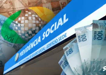 Agência do INSS com notas de 100 reais ao fundo, destacando o pagamento de benefícios.