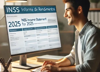 Pessoa acessando o informe de rendimentos do INSS para 2025 em um computador.