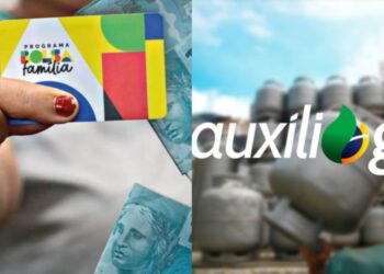 Cartão do Bolsa Família e imagem do Auxílio Gás com botijões de gás ao fundo, destacando os benefícios para famílias brasileiras de baixa renda.