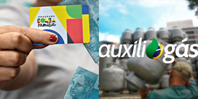 Cartão do Bolsa Família e imagem do Auxílio Gás com botijões de gás ao fundo, destacando os benefícios para famílias brasileiras de baixa renda.