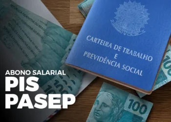 Carteira de Trabalho e cédulas de 100 reais, representando o pagamento do PIS/Pasep