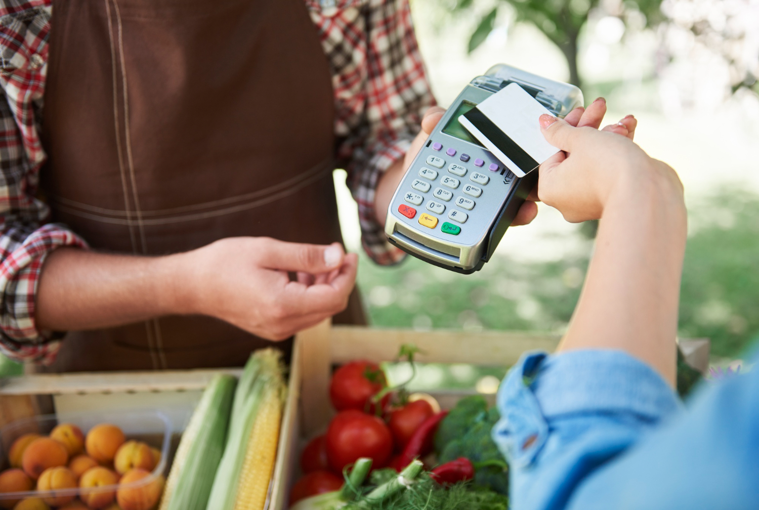 Pessoa realizando pagamento com cartão de crédito/débito em uma feira de alimentos, representando o uso do Vale-alimentação por trabalhadores.