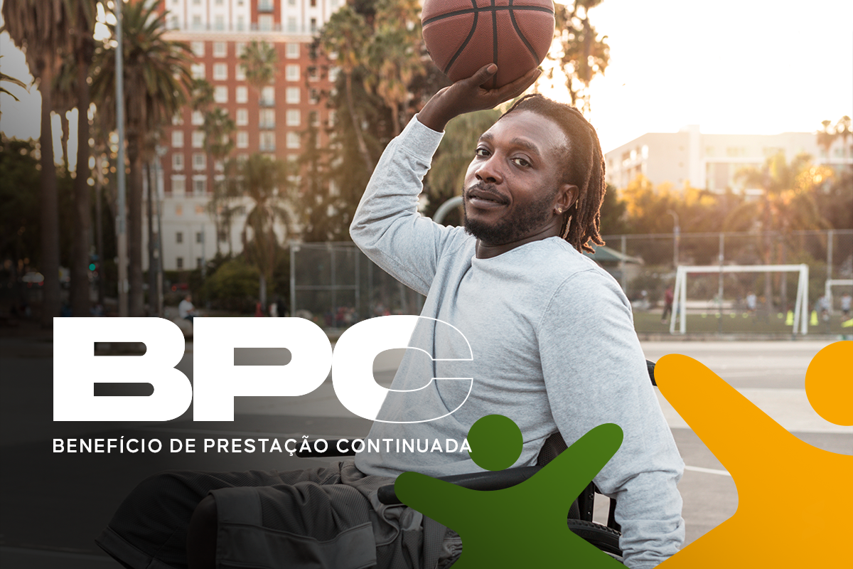  Homem em cadeira de rodas segurando bola de basquete, com sobreposição do texto 'BPC Benefício de Prestação Continuada'
