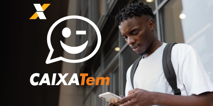 Jovem utilizando smartphone, com o logo do aplicativo Caixa Tem em destaque ao lado.