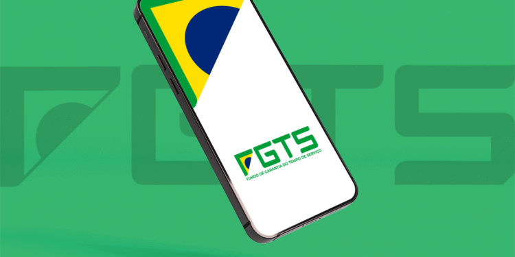 Celular exibindo a tela do aplicativo do FGTS sobre fundo verde.