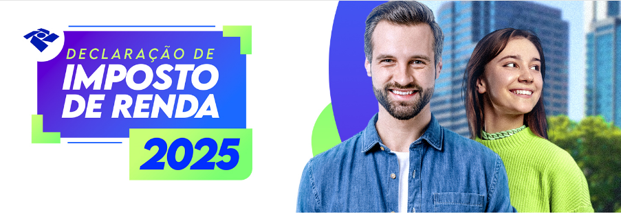 Casal sorridente em cenário urbano com banner de Declaração de Imposto de Renda 2025 da Receita Federal.