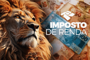 Leão encarando com seriedade ao lado de notas de real e logotipo da Receita Federal sobre Imposto de Renda.