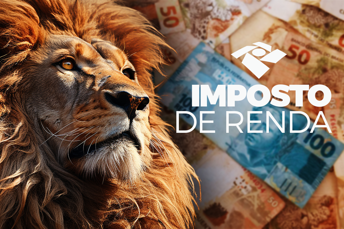  leao simbolo do imposto de renda ao lado de notas de reais