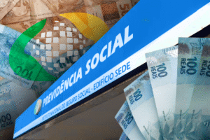 Imagem ilustrativa de dinheiro em real e fachada da Previdência Social, representando a devolução de R$ 292 milhões pelo INSS