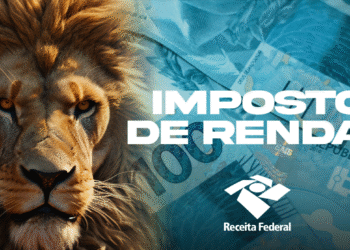Leão ao lado de cédulas de real com texto "Imposto de Renda" e logo da Receita Federal