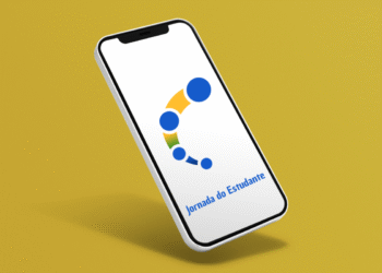 Tela do celular exibindo o logo do Aplicativo Jornada do Estudante em fundo amarelo