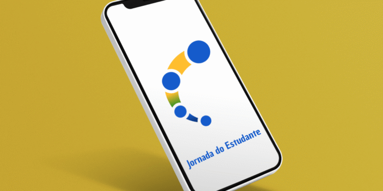 Tela do celular exibindo o logo do Aplicativo Jornada do Estudante em fundo amarelo