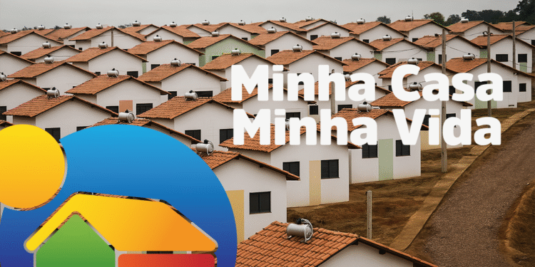 Casas populares do programa Minha Casa Minha Vida, junto a inscrição do programa.
