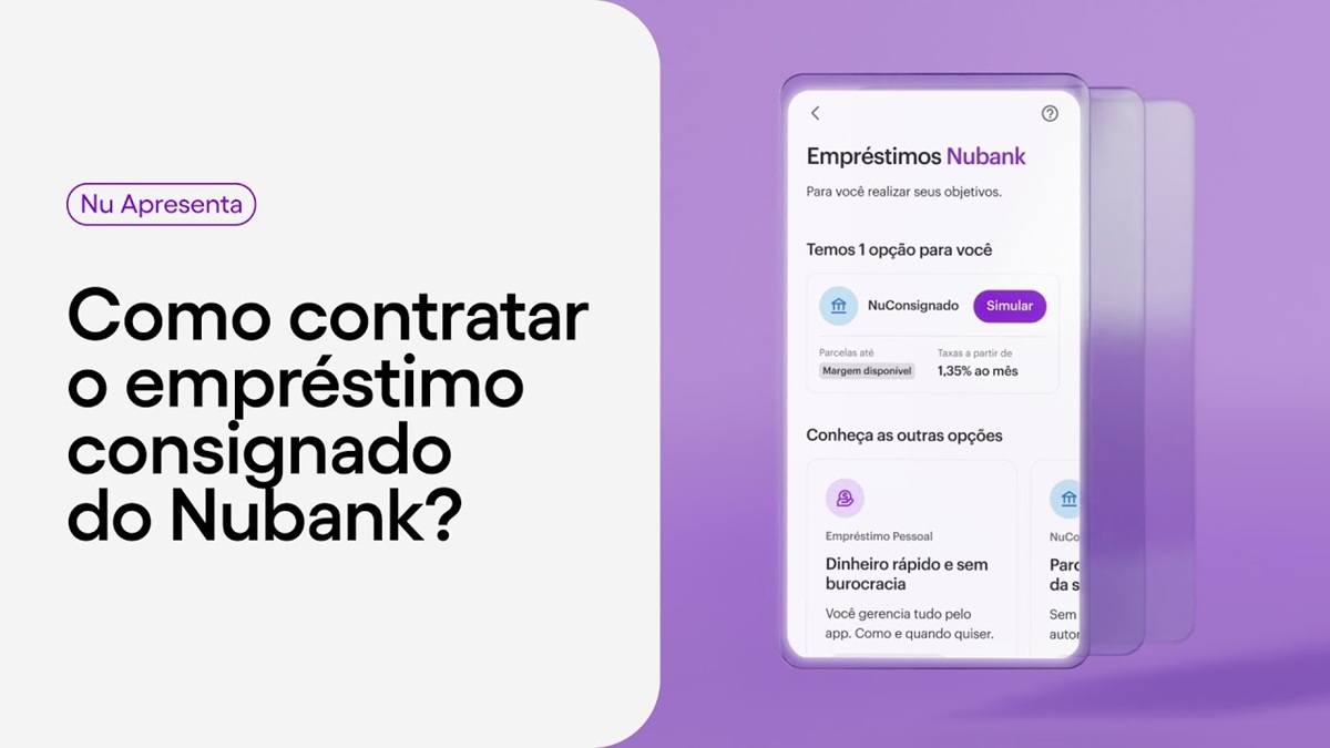 Imagem de um celular mostrando a tela do aplicativo Nubank, destacando a opção do Empréstimo Consignado com facilidade de acesso.
