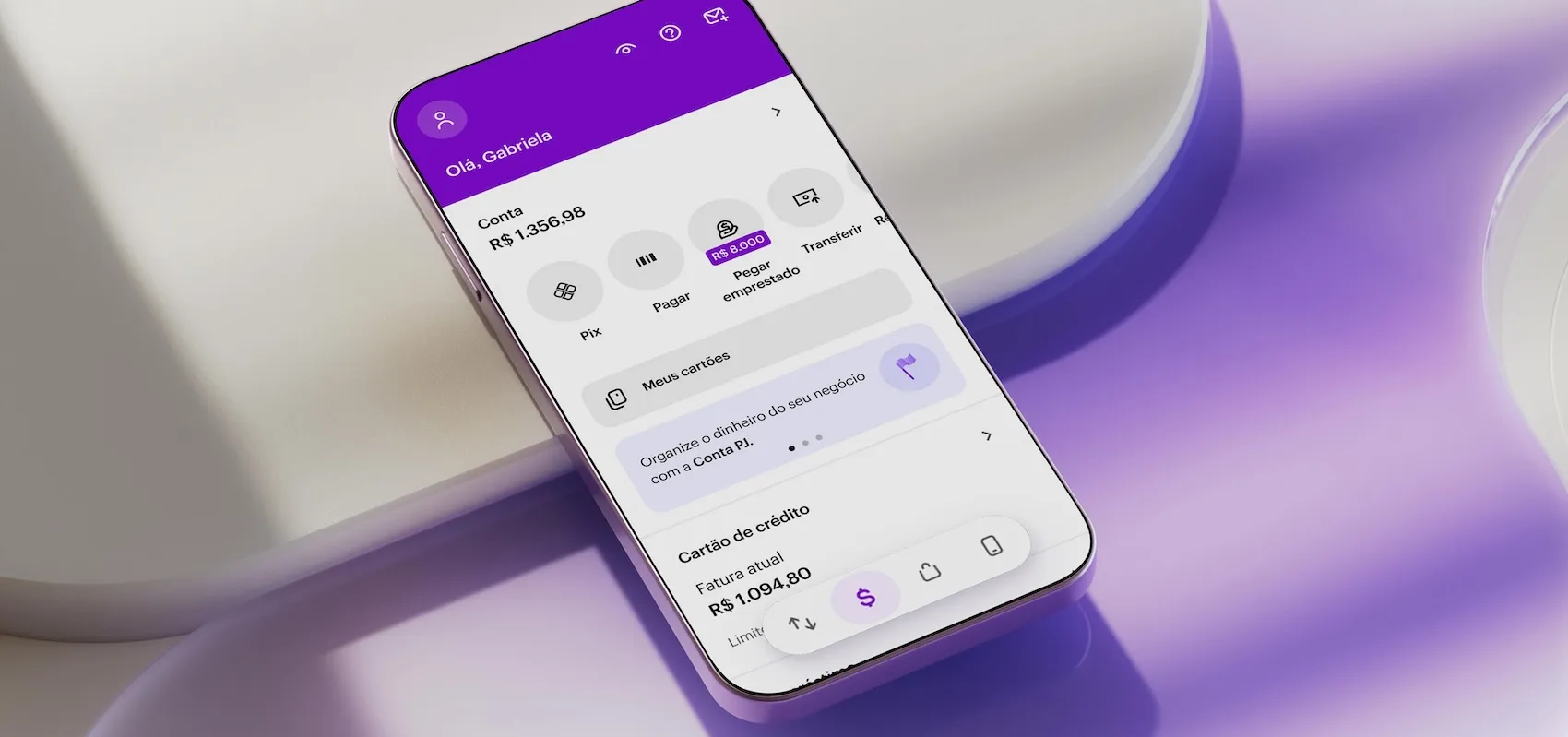 Interface do app Nubank mostrando saldo da conta e opção para contratar empréstimo pessoal.