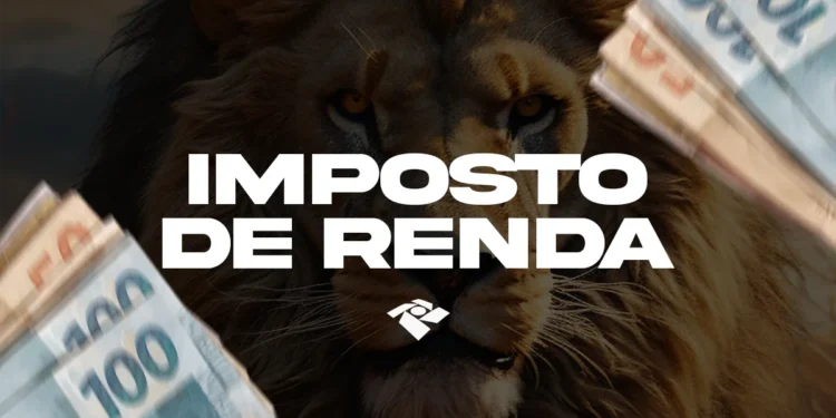 Leão com cédulas de dinheiro em destaque representando o Imposto de Renda 2025