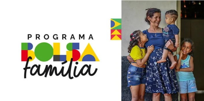 Imagem ilustrativa do programa Bolsa Família, mostrando uma mulher com quatro crianças, representando o apoio financeiro para famílias brasileiras em situação de vulnerabilidade.