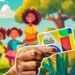 Mão segurando cartão do programa Bolsa Família, com família feliz ao fundo em parque verde.