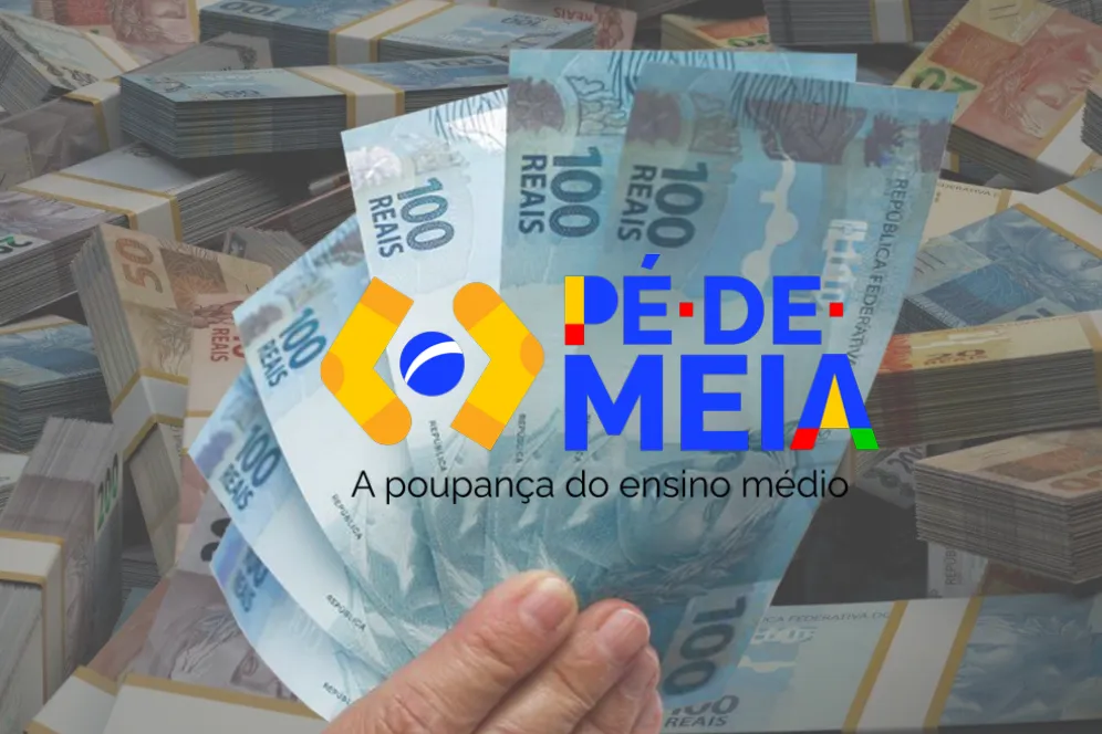 Notas de 100 reais brasileiras com o logo do programa Pé-de-Meia sobreposto