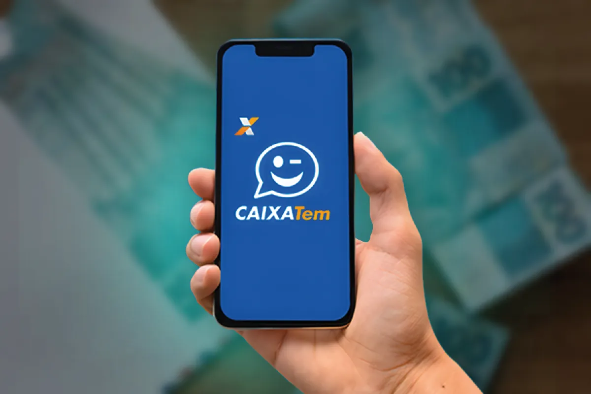 Aplicativo CAIXA Tem exibido em smartphone, simbolizando vantagens do Crédito CAIXA Tem.