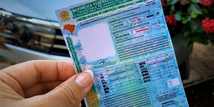 Mão segurando uma carteira nacional de habilitação brasileira com fundo desfocado.