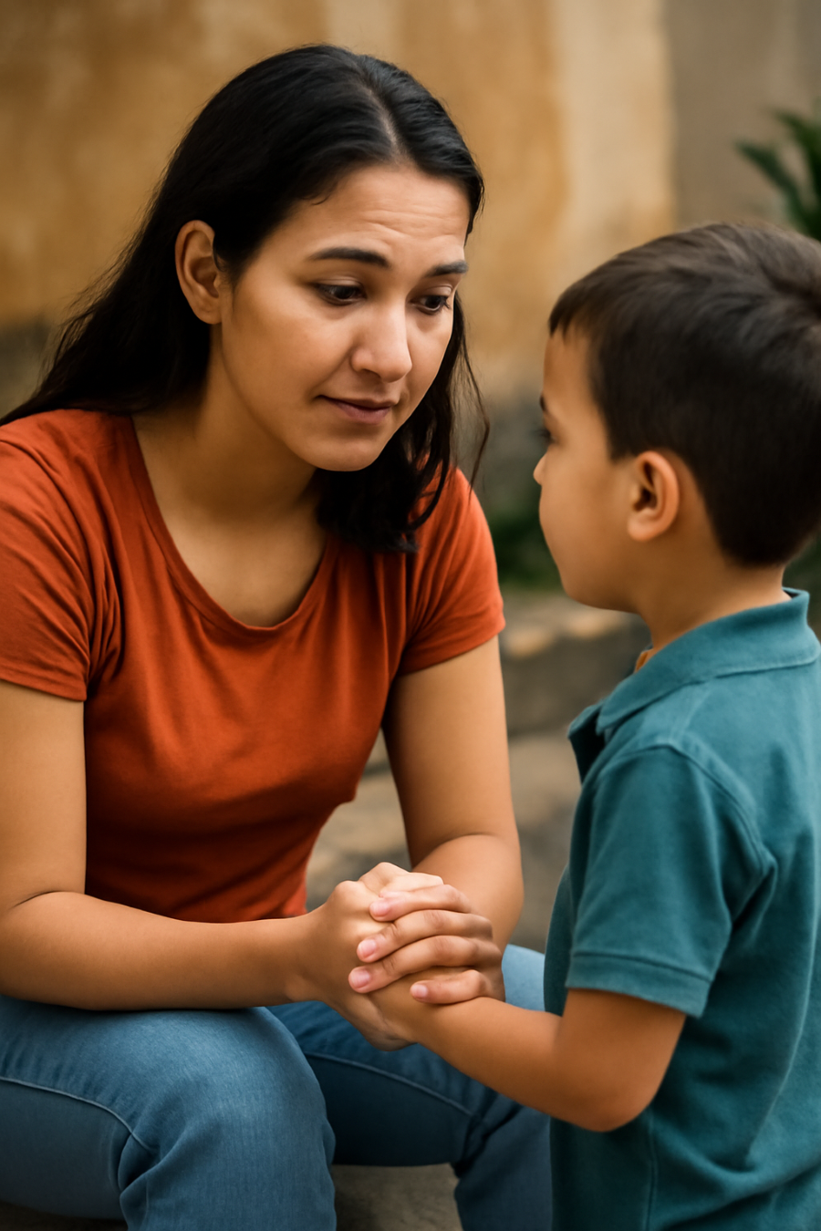 Mãe segurando a mão do filho, simbolizando apoio e cuidado em meio a desafios diários.