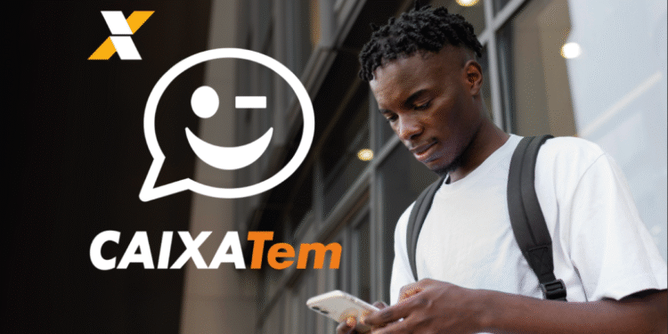 Imagem de uma pessoa olhando para o celular, com o logo do Caixa Tem, relacionada ao pagamento extra em Junho.