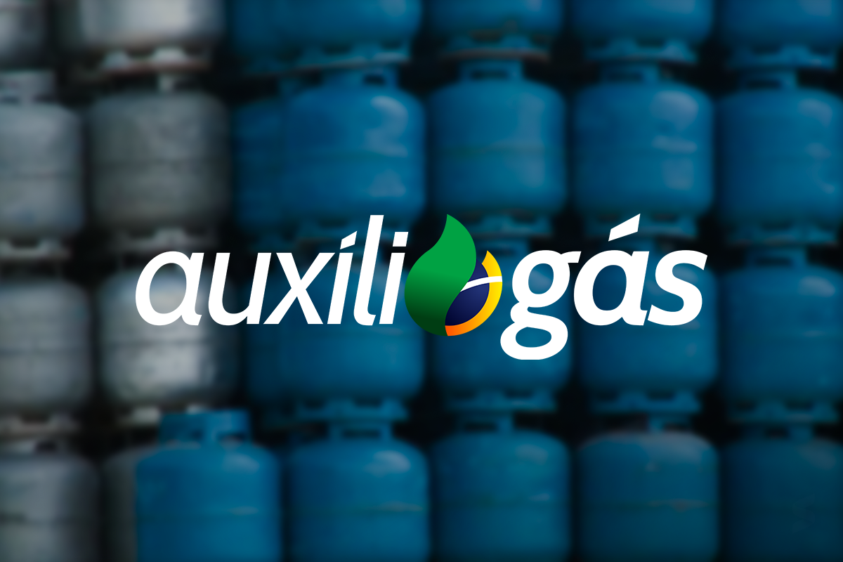  "Imagem do logo do Auxílio Gás, com botijões de gás, representando o cálculo baseado no preço médio nacional do botijão de 13 kg."
