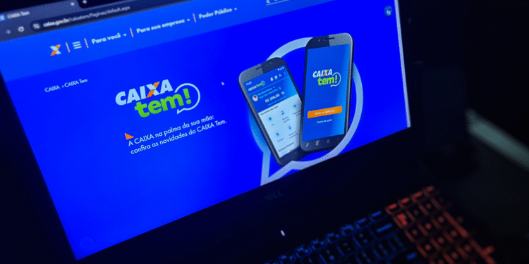 Tela do site Caixa Tem com interface destacando a funcionalidade do aplicativo em dois celulares.