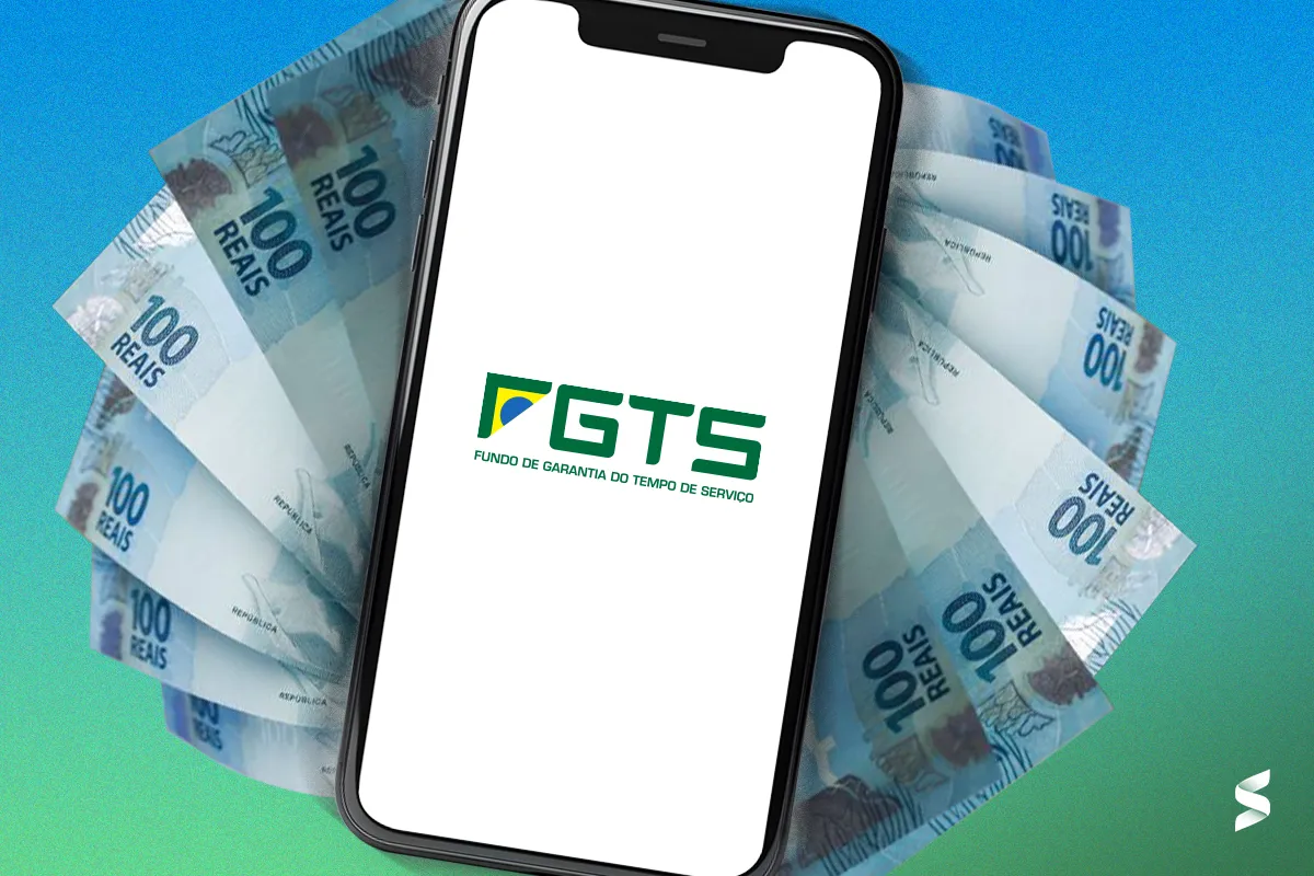 Imagem ilustrativa do FGTS com notas de 100 reais ao fundo, exibindo logo do Fundo de Garantia do Tempo de Serviço em um smartphone.