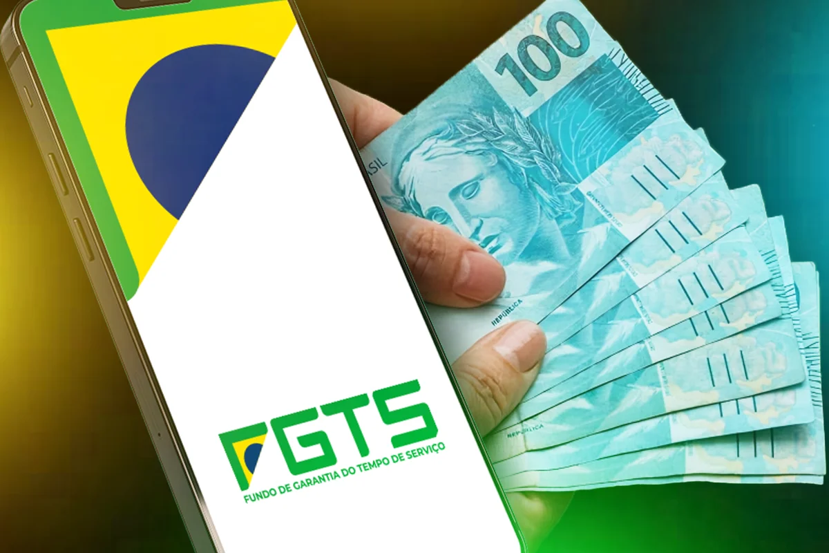 Imagem ilustrativa mostrando o FGTS e notas de R$ 100,00, destacando o uso de 10% do saldo do FGTS e 100% da multa rescisória.