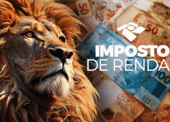 Leão ao lado de cédulas de real simbolizando a restituição do Imposto de Renda no Brasil.