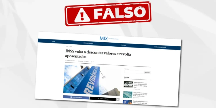 Notícia falsa sobre o INSS com aviso de desinformação, ilustrando a desconfiança gerada entre aposentados.