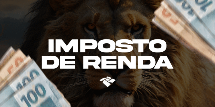 Leão ao fundo com cédulas de dinheiro, simbolizando a cobrança do imposto de renda.