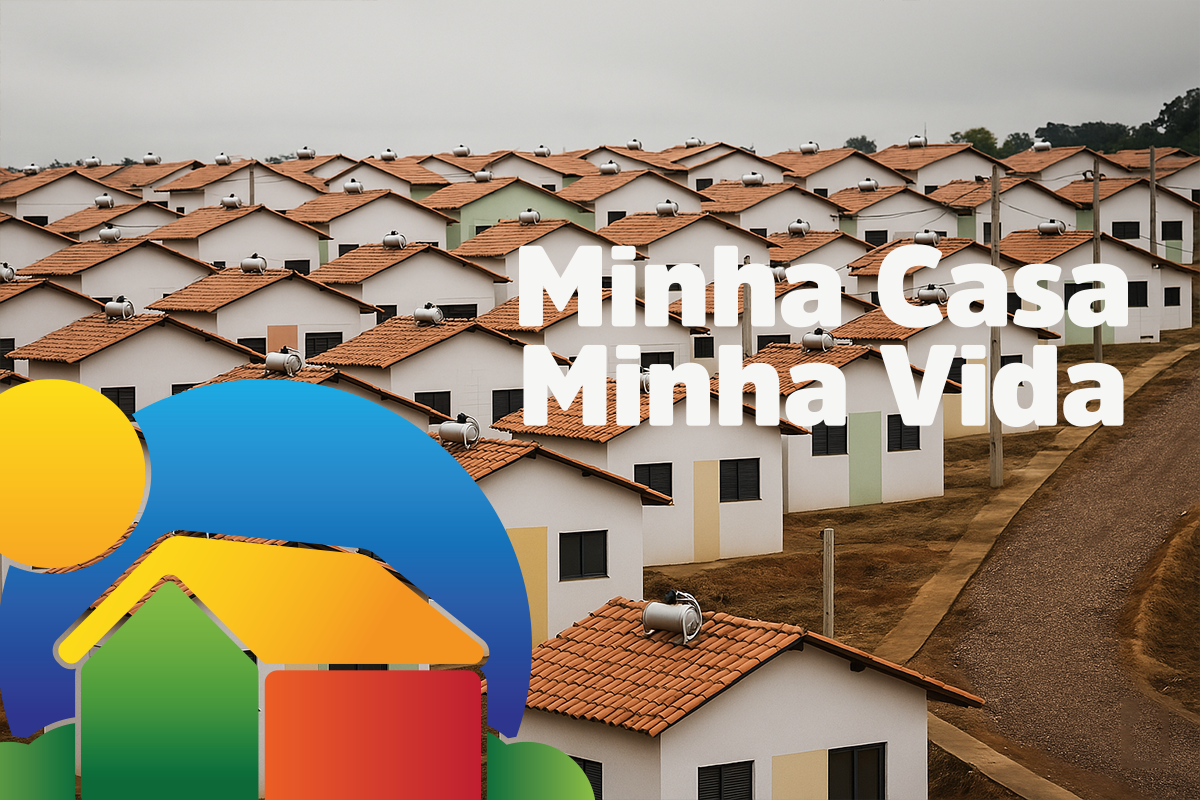 Imagem de casas em um conjunto habitacional, representando o programa Minha Casa Minha Vida.