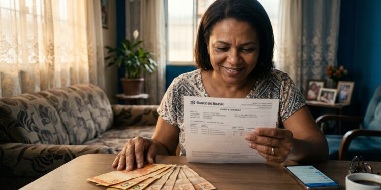 Mulher sorridente analisa extrato do Banco do Brasil com notas de real sobre a mesa em sala iluminada