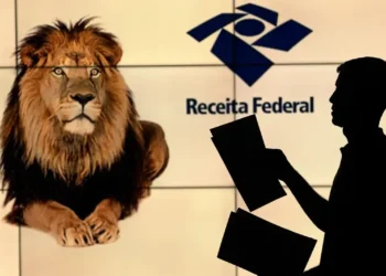 Imagem mostrando o logotipo da Receita Federal ao lado de um leão e a silhueta de uma pessoa segurando papéis, simbolizando o Imposto de Renda 2025.