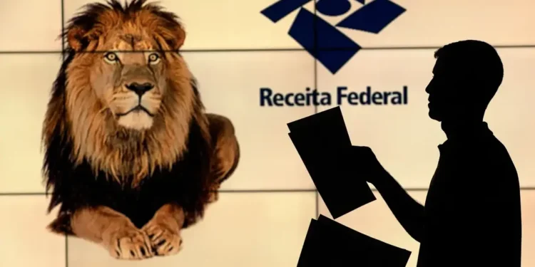 Imagem mostrando o logotipo da Receita Federal ao lado de um leão e a silhueta de uma pessoa segurando papéis, simbolizando o Imposto de Renda 2025.