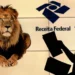 Imagem mostrando o logotipo da Receita Federal ao lado de um leão e a silhueta de uma pessoa segurando papéis, simbolizando o Imposto de Renda 2025.