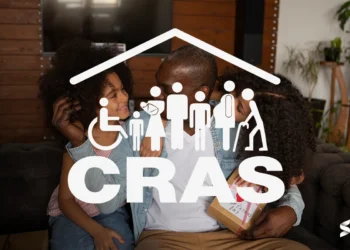 Família feliz representando a inclusão e apoio do CRAS, com ícones ilustrando a diversidade e os serviços de assistência social.
