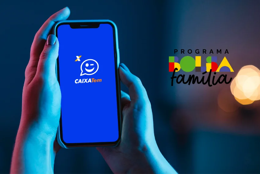 Imagem mostrando a tela do aplicativo CAIXA Tem com o logotipo do programa Bolsa Família.