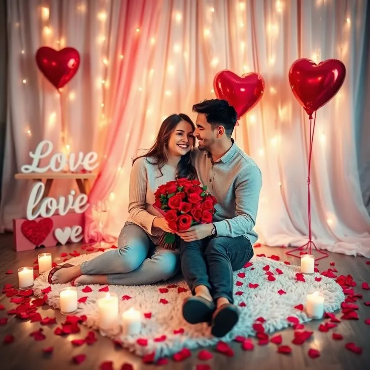 Casal sorrindo enquanto segura um buquê de rosas vermelhas, cercado por balões e decoração de corações, criando um ambiente romântico no Dia dos Namorados.