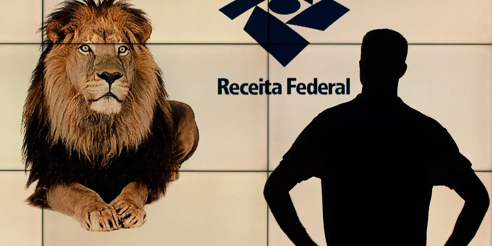 Imagem de uma pessoa com a silhueta destacada, em frente a um leão e o logo da Receita Federal, relacionado ao Imposto de Renda.