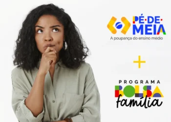Imagem de uma mulher pensativa ao lado dos logos do programa Pé-de-Meia e Bolsa Família, questionando se é possível receber ambos os benefícios.