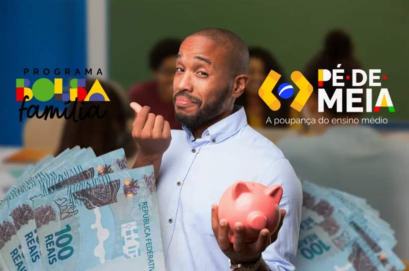 Imagem ilustrativa mostrando a compatibilidade entre o programa Bolsa Família e o Pé-de-Meia, com uma pessoa segurando dinheiro e um cofrinho.